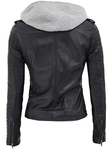 Bagheria Womens Black Leather Biker Jacket With Removable Hood
