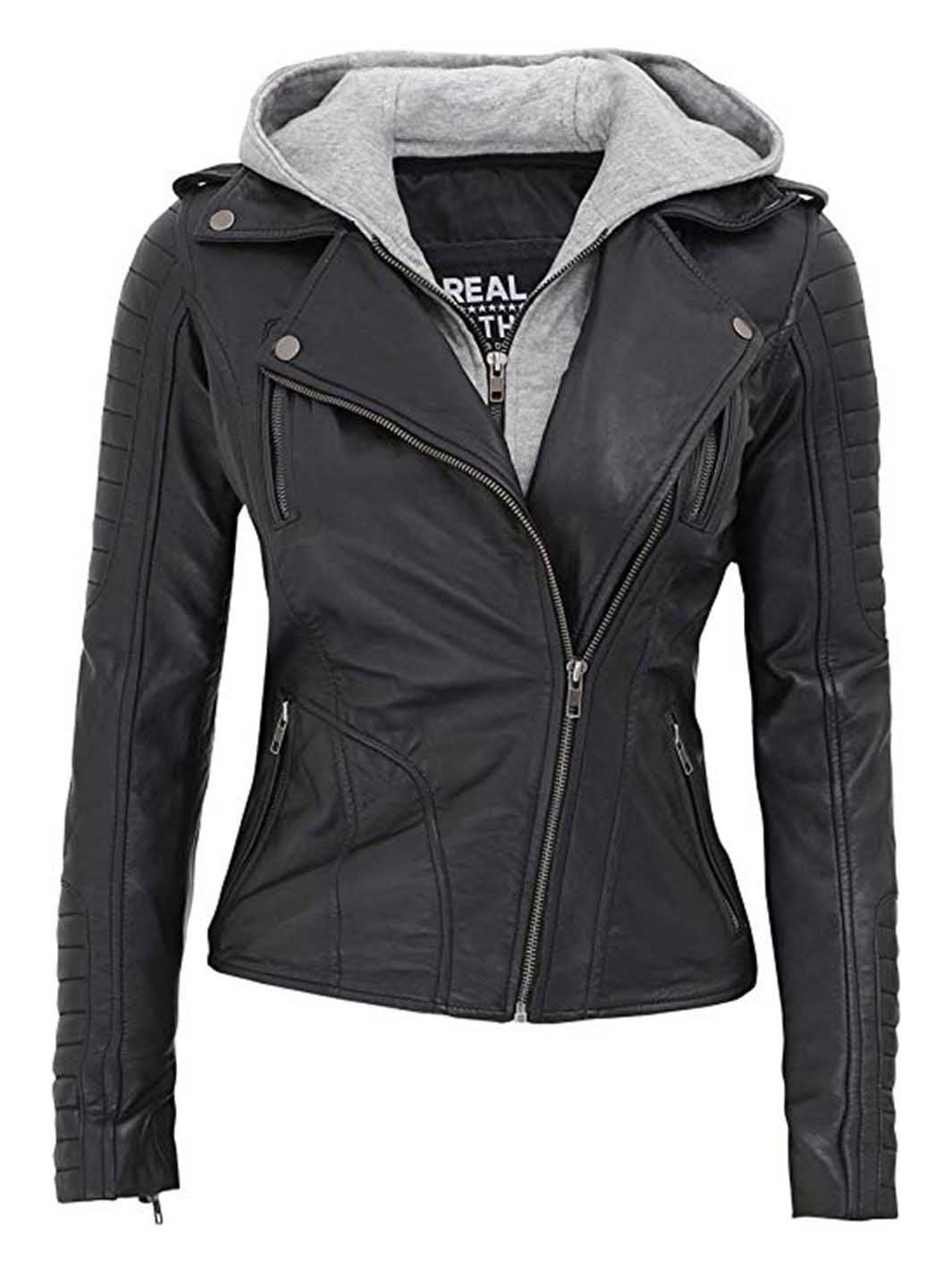 Bagheria Womens Black Leather Biker Jacket With Removable Hood