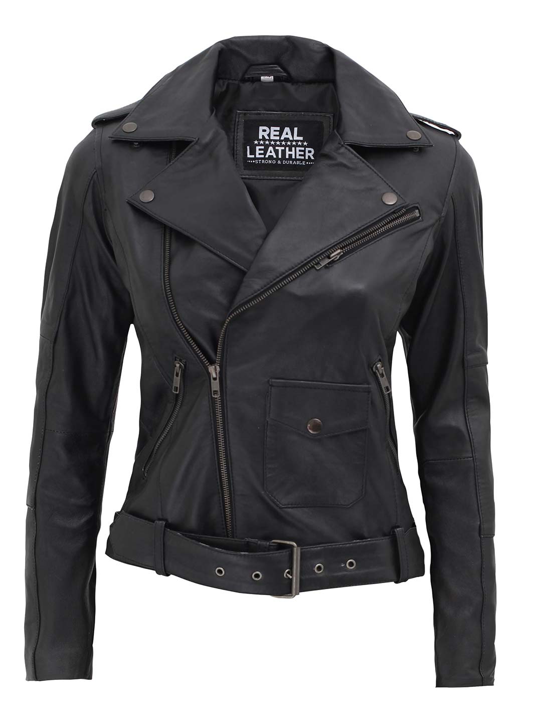 Barletta Womens Black Asymmetrical Cafe Racer Leather Jacket