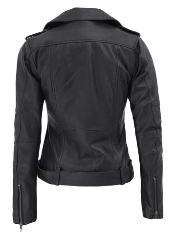 Barletta Womens Black Asymmetrical Cafe Racer Leather Jacket