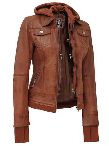 Tralee Womens Tan Wax Bomber Leather Jacket With Hood