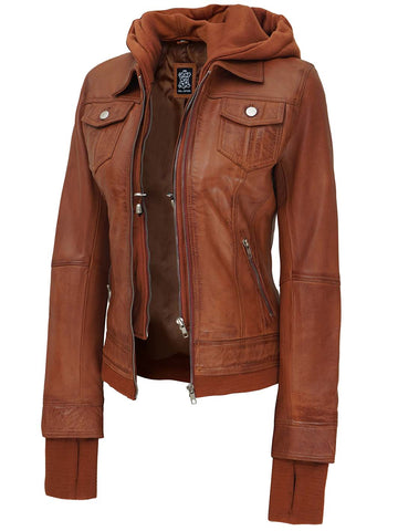 Tralee Womens Tan Wax Bomber Leather Jacket With Hood