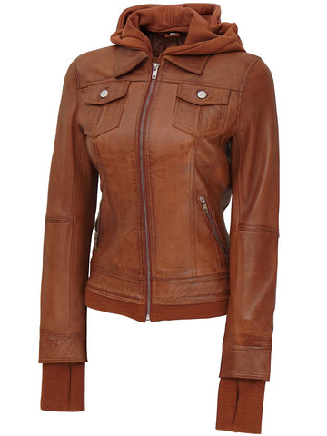 Tralee Womens Tan Wax Bomber Leather Jacket With Hood