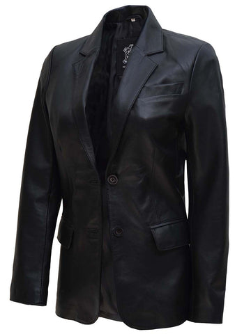 Women's Black Two Button Leather Blazer