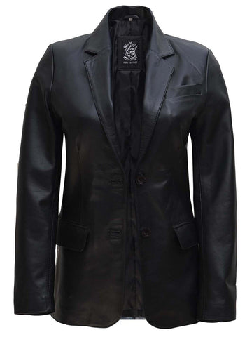 Women's Black Two Button Leather Blazer